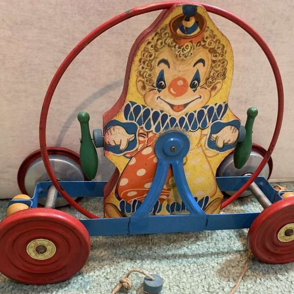 1949 - 12” VINTAGE GONG BELL MFG. CLOWN PULL TOY ORIGINAL Heavy Metal Rare Toy!! - Picture 2 of 5